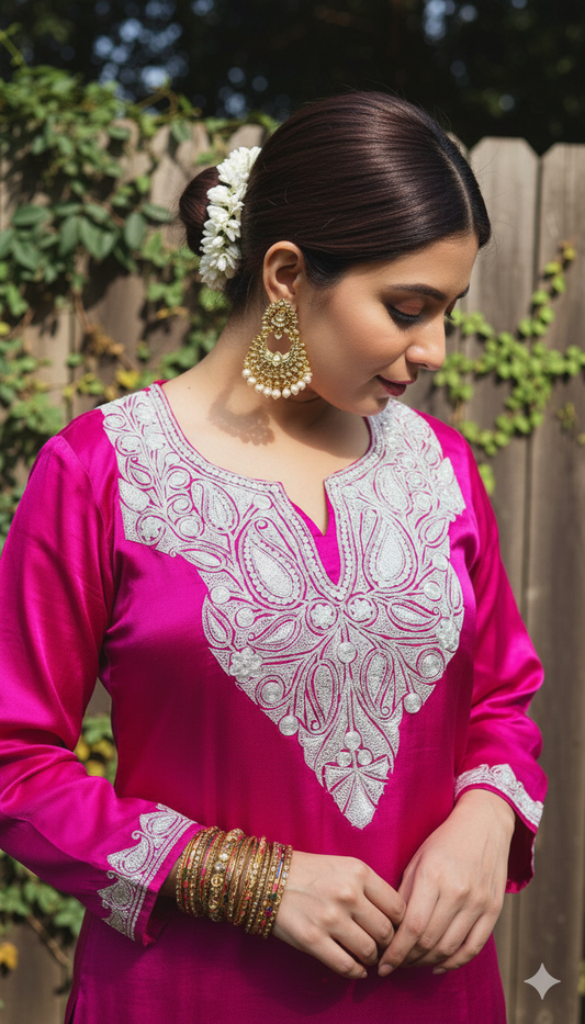 Bright Magenta Satin Suit Set (Kurta, pants and Dupatta) | Exclusive Collection