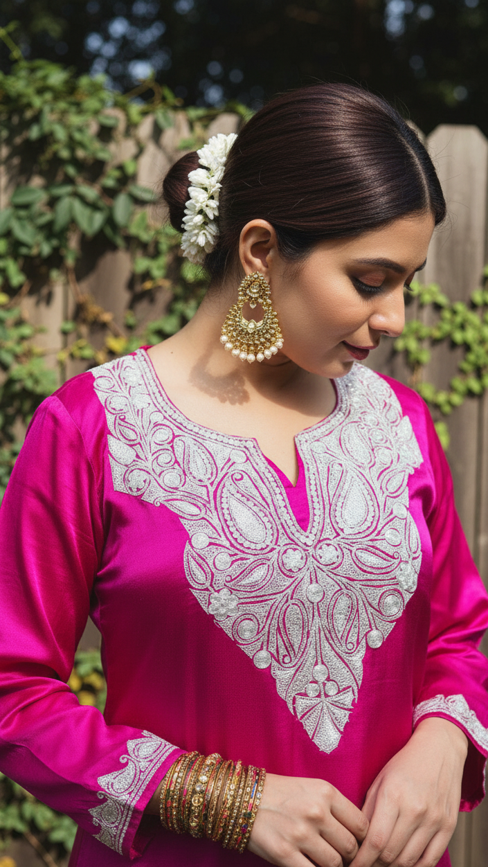 Bright Magenta Satin Suit Set (Kurta, pants and Dupatta) | Ladies Sangeet Outfit