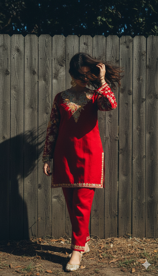 Red Coord set with Floral Embroidery (Kurti and Pants) | Everyday Ease