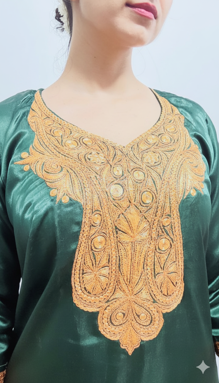Satin Bottle Green Suit (Kurta, pants and dupatta) | Exclusive Collection