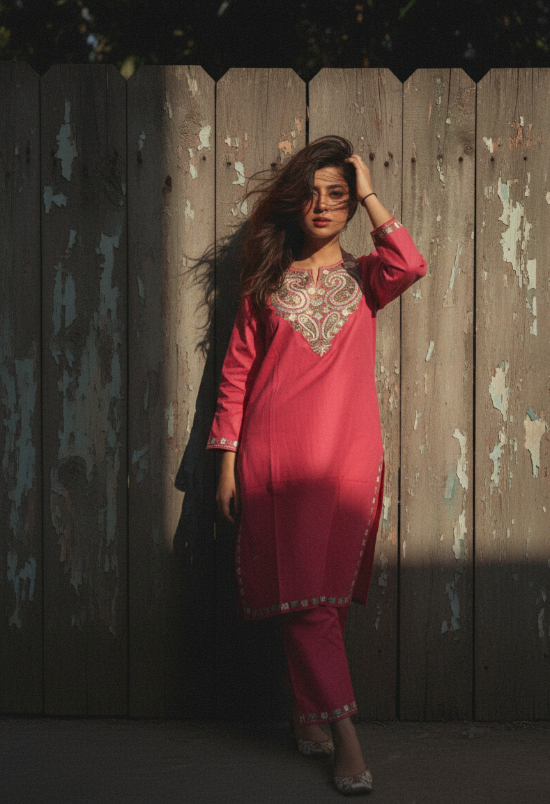 Coral Rose Coord Set with Beige Aari Embroidery | Everyday Use