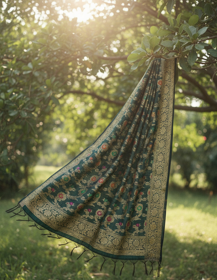 Forest Green Dupatta | Multicolor Work