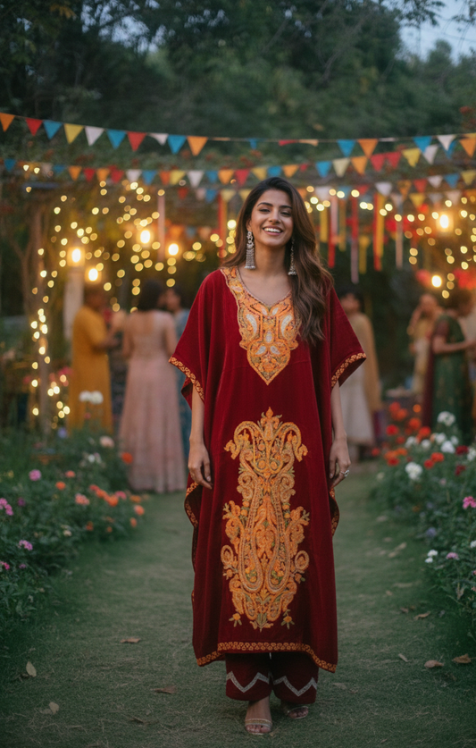 Crimson Kashmiri Embroidered Kaftan with Pants | Ladies Sangeet Outfit