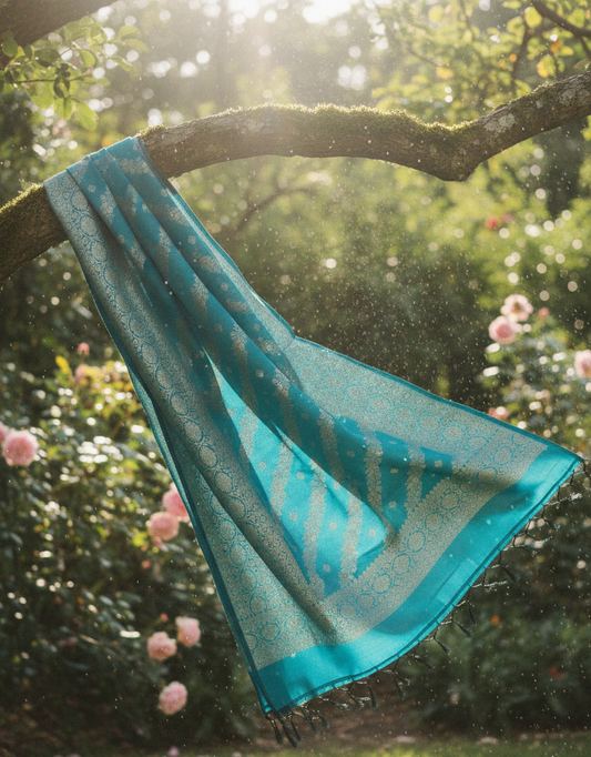 Turquoise Blue Dupatta with Silver Zari Floral Weaving | Banarasi Silk