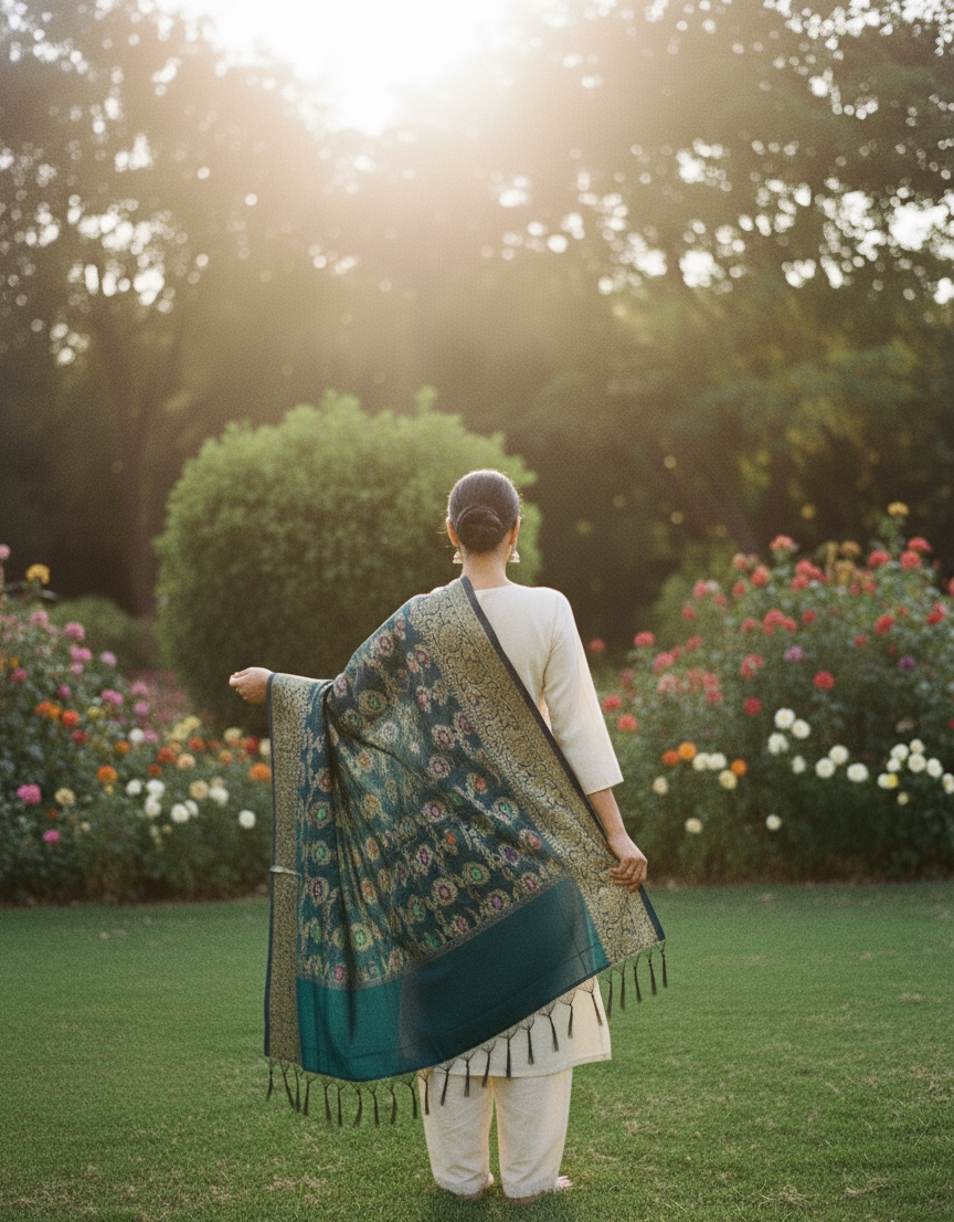 Forest Green Dupatta | Multicolor Work