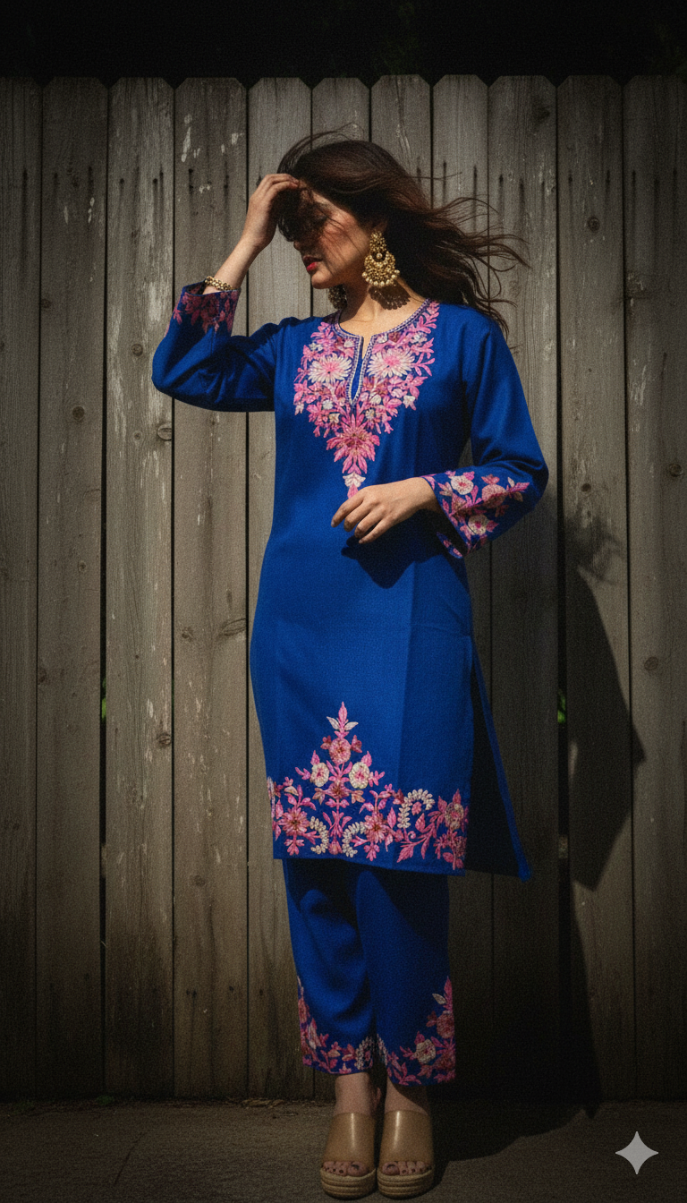 Blue Coord Set with Floral Embroidery (Kurti with Pants) | Everyday Ease