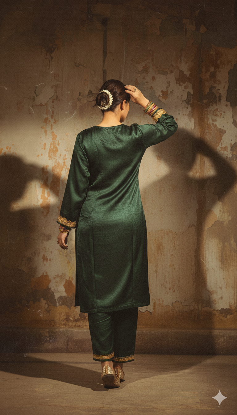 Satin Bottle Green Suit (Kurta, pants and dupatta) | Exclusive Collection