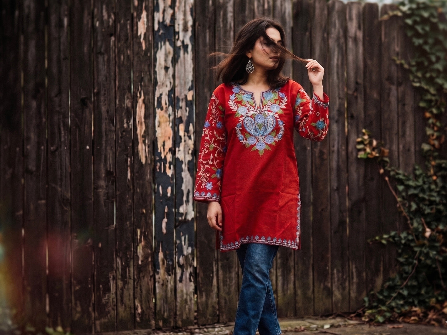 Deep Red Kashmiri Kurti | Aari Embroidery | Casual Wear