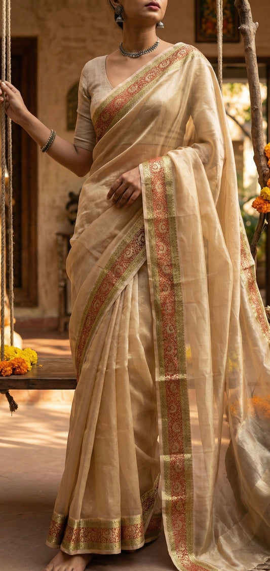 Ivory Gold Organza Saree with Heritage Border | Haldi Ceremony Saree