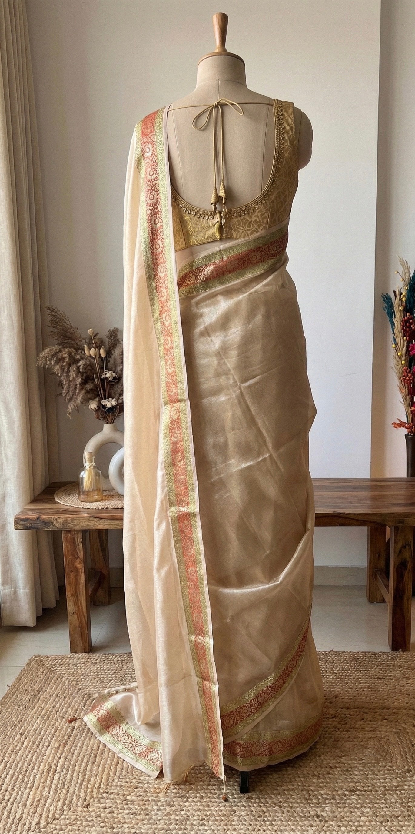 Ivory Gold Organza Saree with Heritage Border | Haldi Ceremony Saree