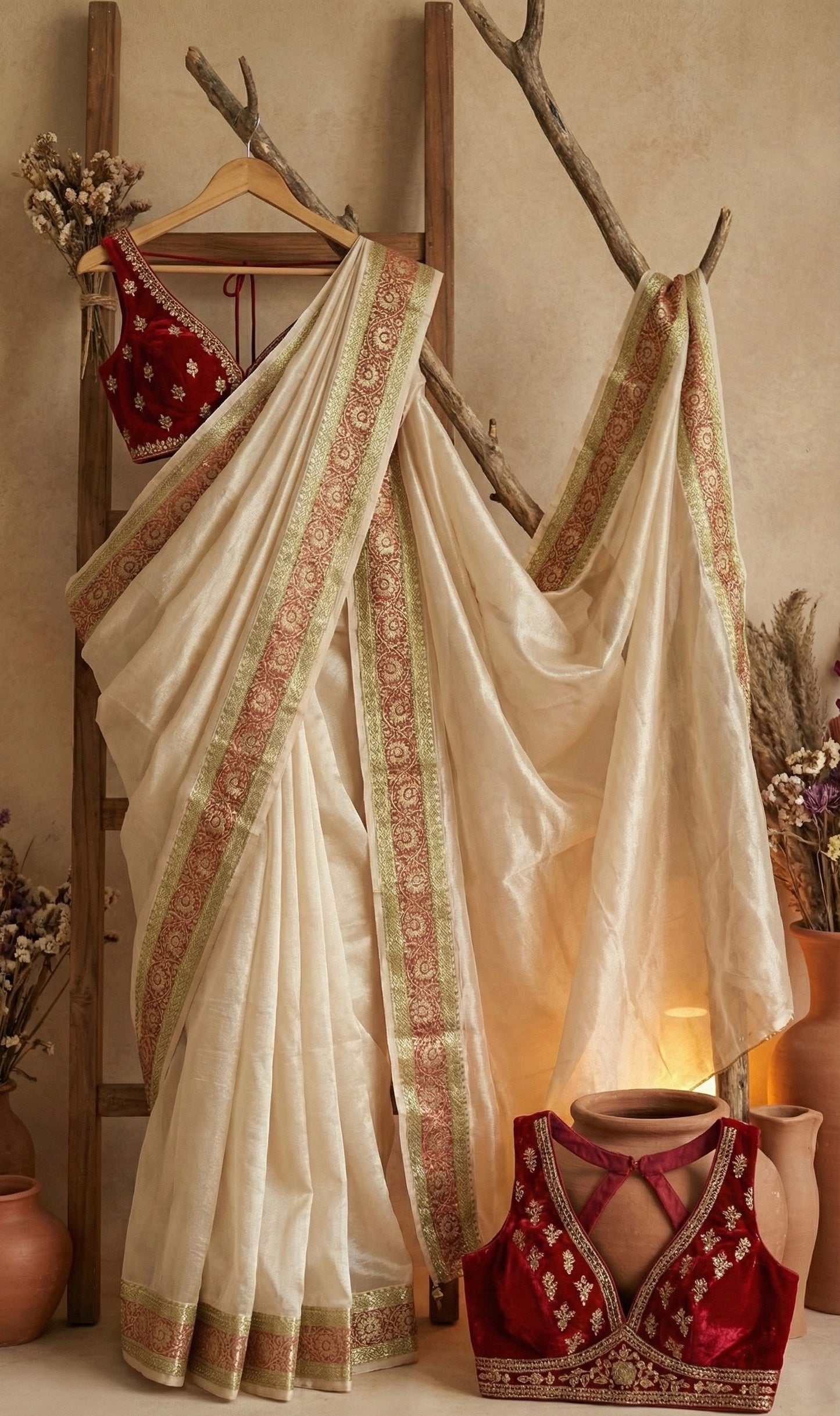 Ivory Gold Organza Saree with Heritage Border | Haldi Ceremony Saree