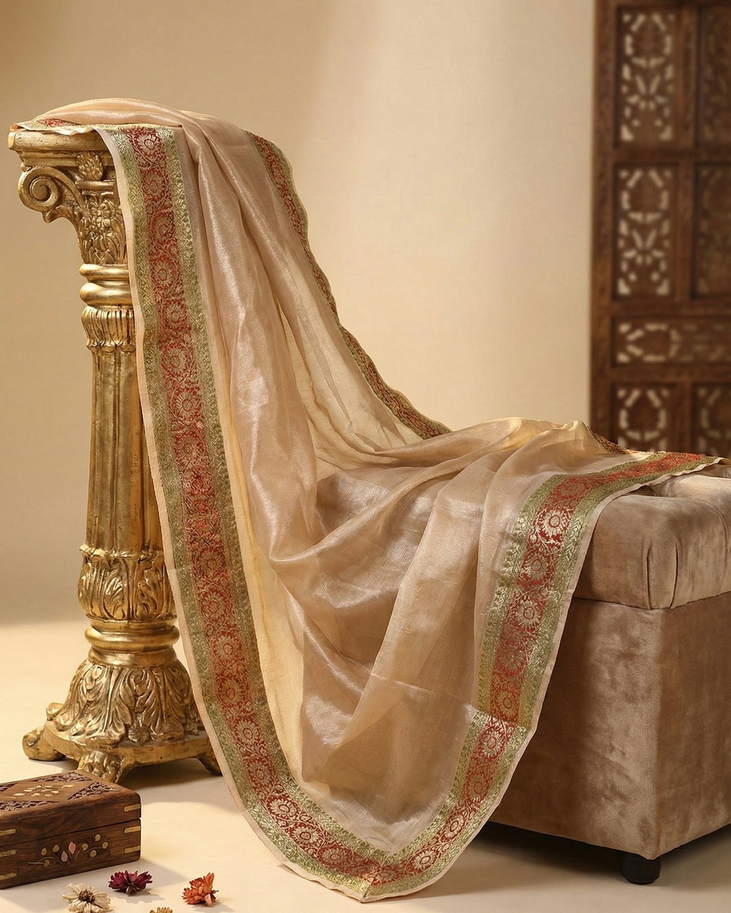 Ivory Gold Organza Saree with Heritage Border | Haldi Ceremony Saree