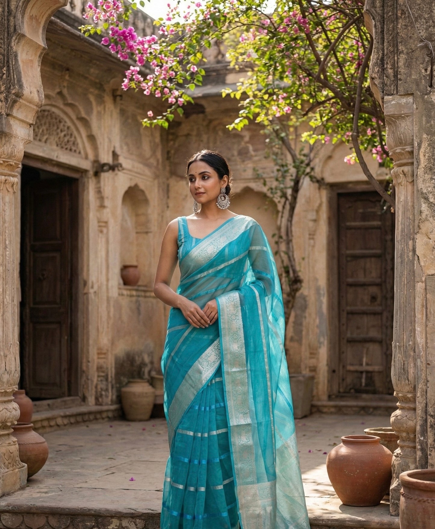 Aqua Blue Organza Saree | All season six yards