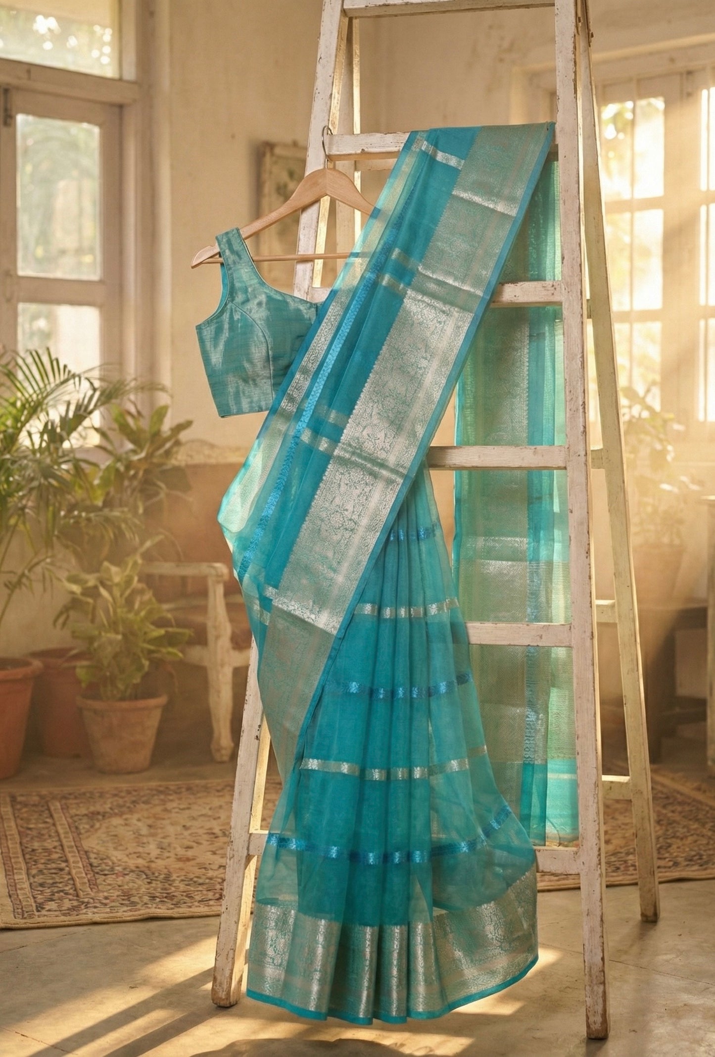 Aqua Blue Organza Saree | All season six yards