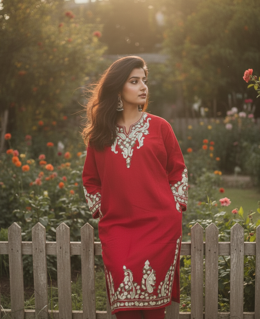 Kashmiri Phiran with Pants-Deep Red | Woolen Muse