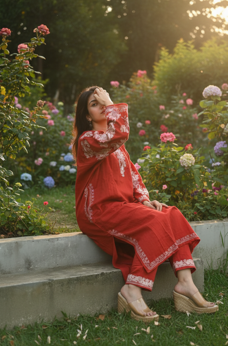 Kashmiri Phiran with Pants- Earthy Rust | Winter Muse