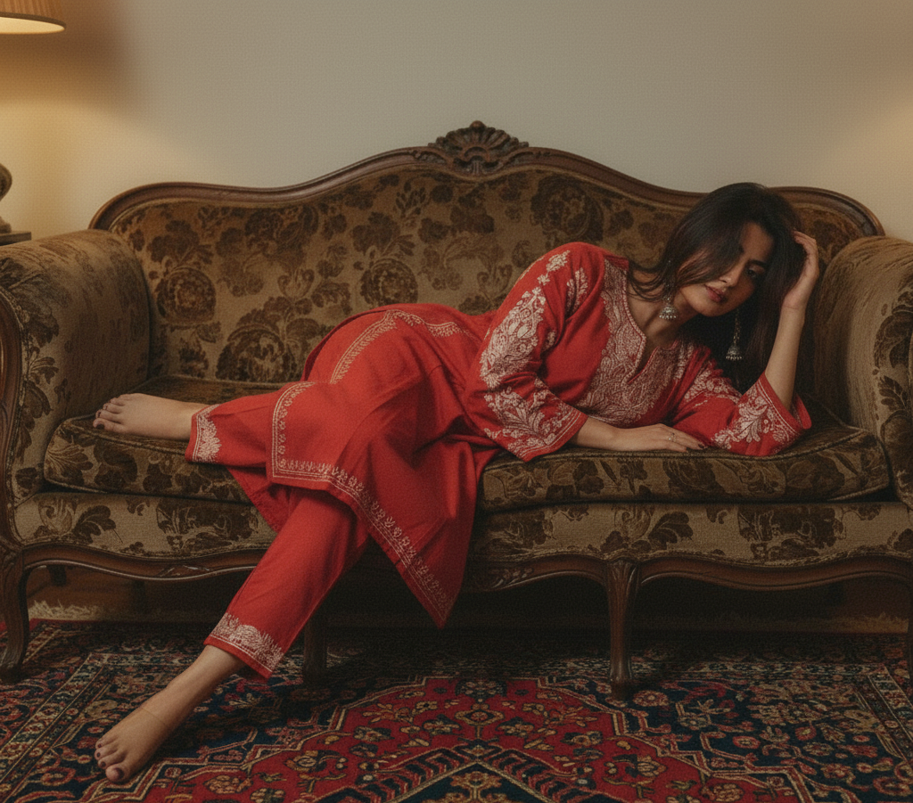 Kashmiri Phiran with Pants- Earthy Rust | Winter Muse