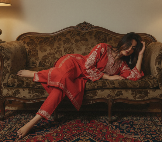 Kashmiri Phiran with Pants- Earthy Rust | Winter Muse