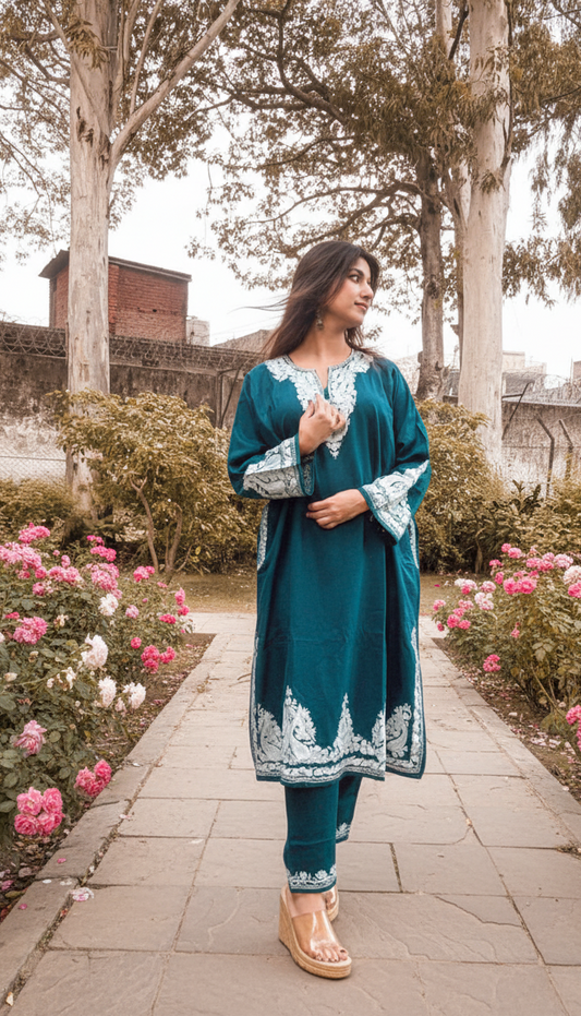 Kashmiri Woolen Phiran with Pants-Enchanting Deep Teal Blue| Winter Muse