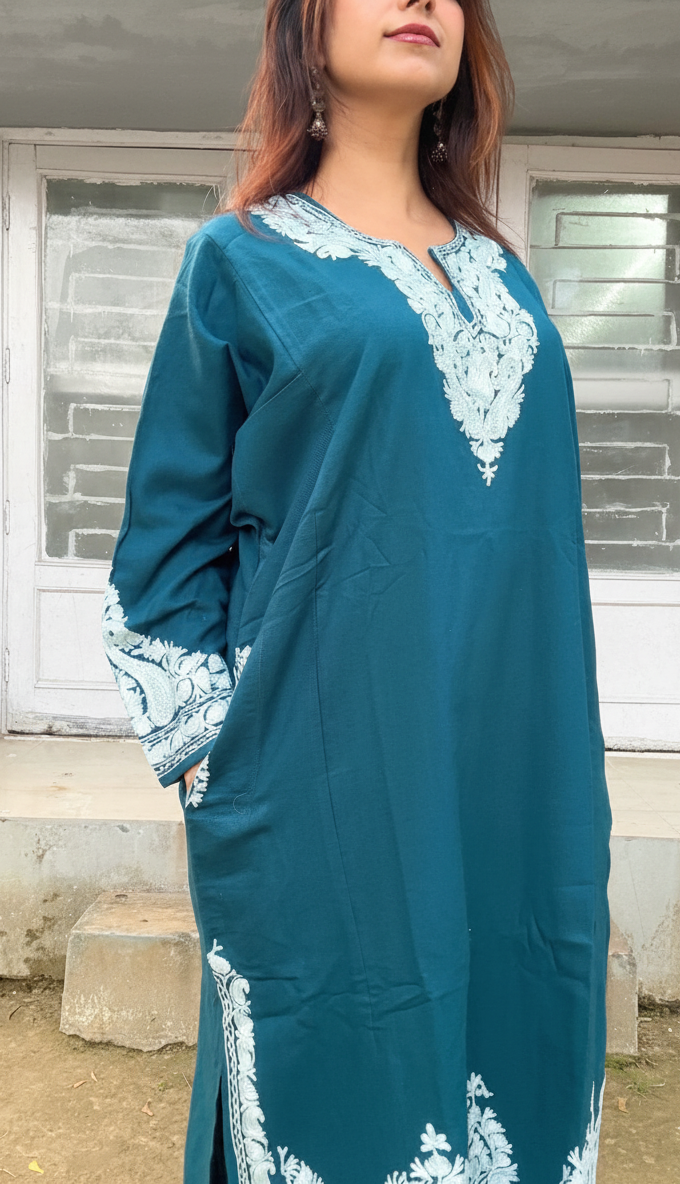 Kashmiri Woolen Phiran with Pants-Enchanting Deep Teal Blue| Winter Muse