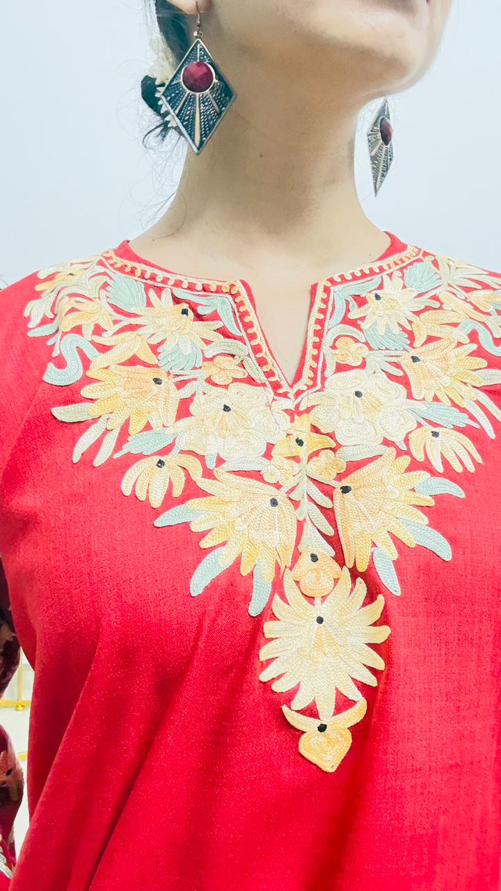 Red Coord set with Floral Embroidery (Kurti and Pants) | Everyday Ease