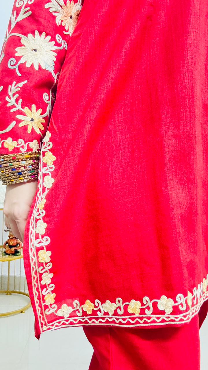 Red Coord set with Floral Embroidery (Kurti and Pants) | Everyday Ease