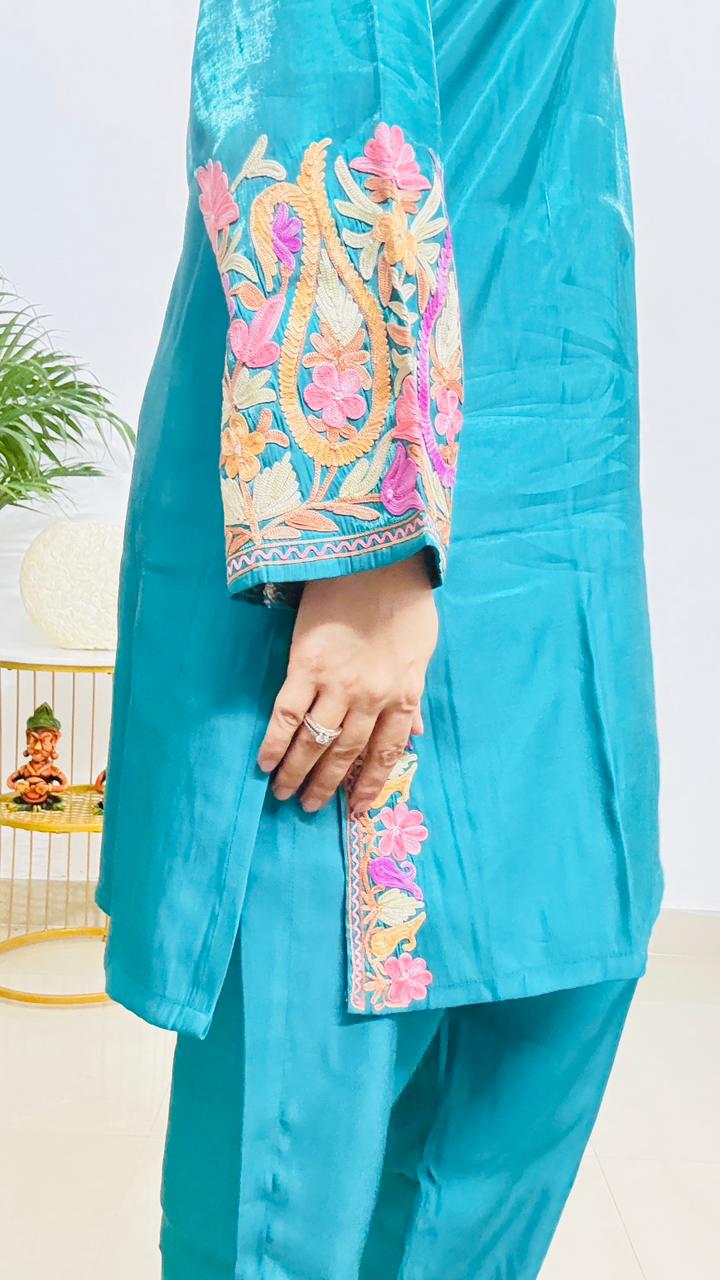 Turquoise Blue coord set (Kurta with pants), Super Marisa Fabric | Premium Collection