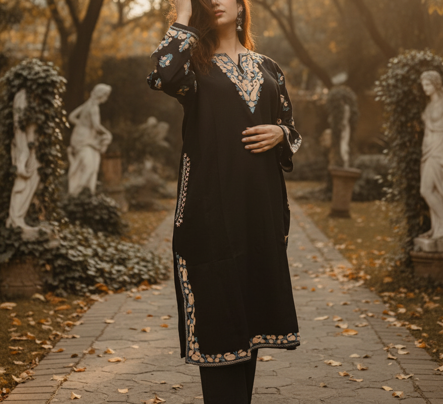 Kashmiri Phiran with Pants - Deep Black | Woolen Muse