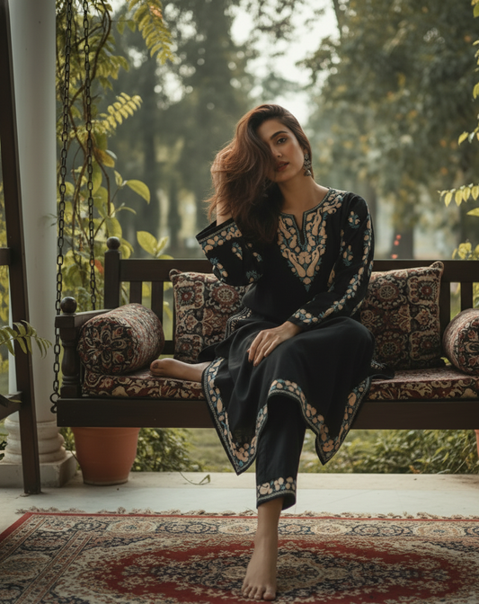 Kashmiri Phiran with Pants - Deep Black | Woolen Muse