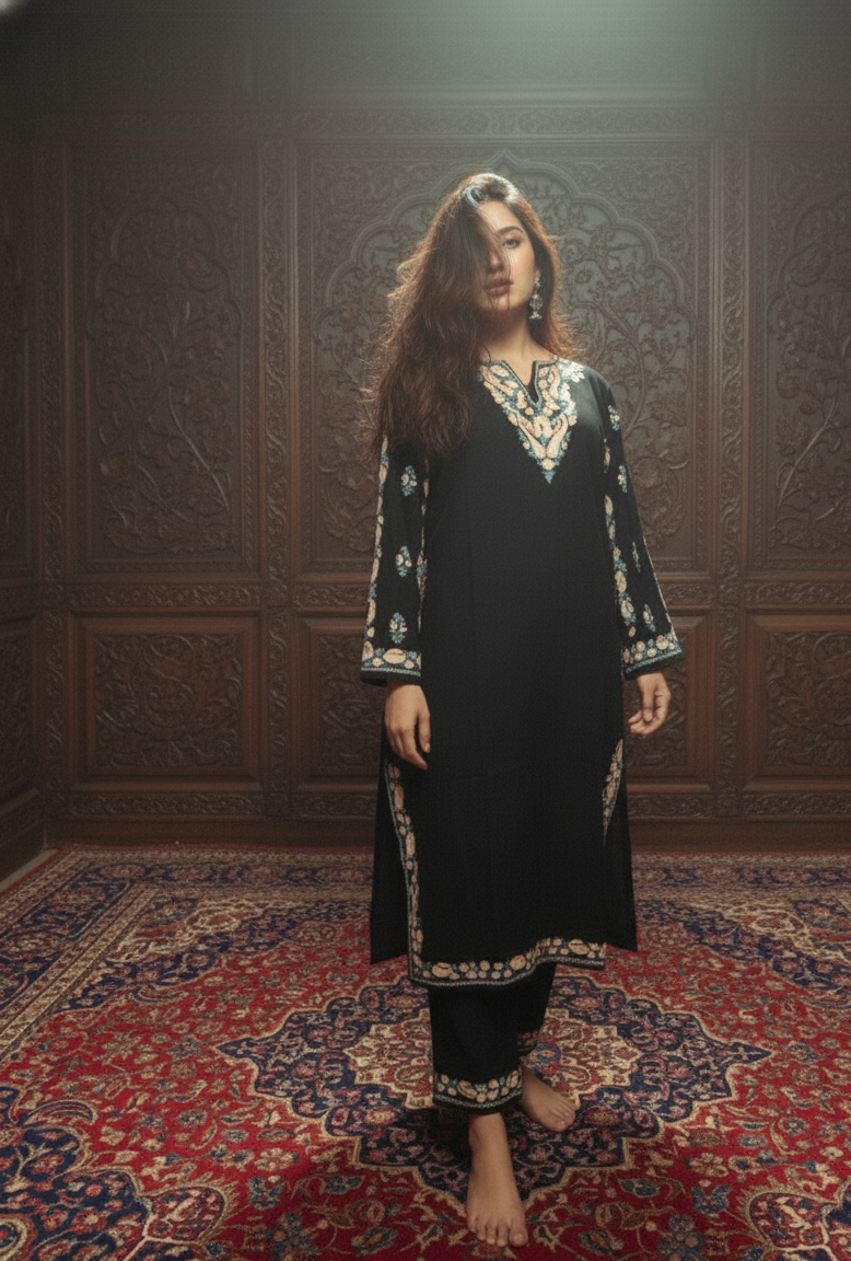 Kashmiri Phiran with Pants - Deep Black | Woolen Muse