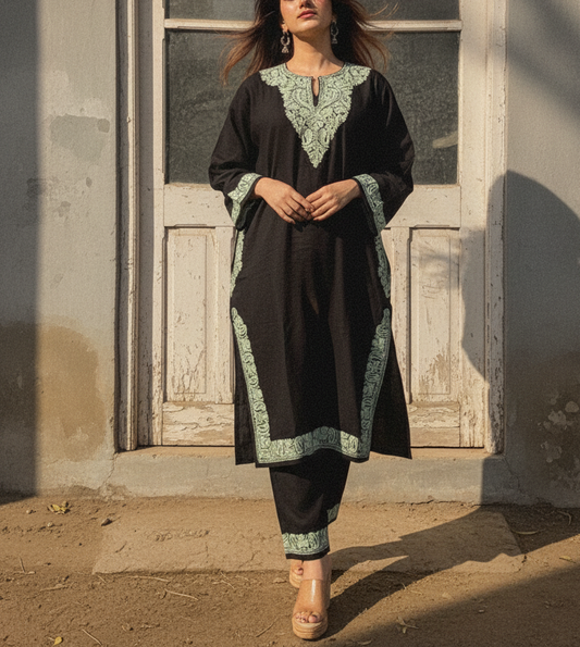Kasmiri Phiran with Pants-Enchanting Black | Woolen Collection Muse