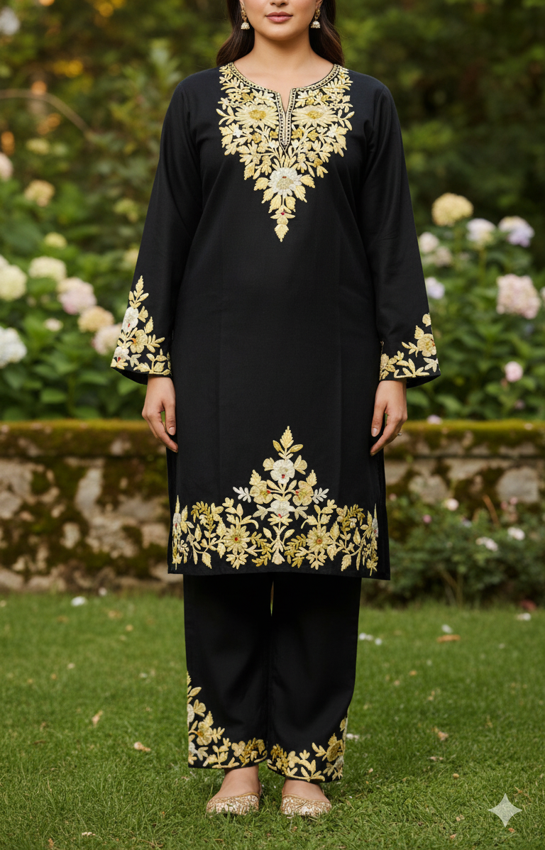 Black Coord Set with Beige Embroidery (Kurti with Pants) | Everyday Ease