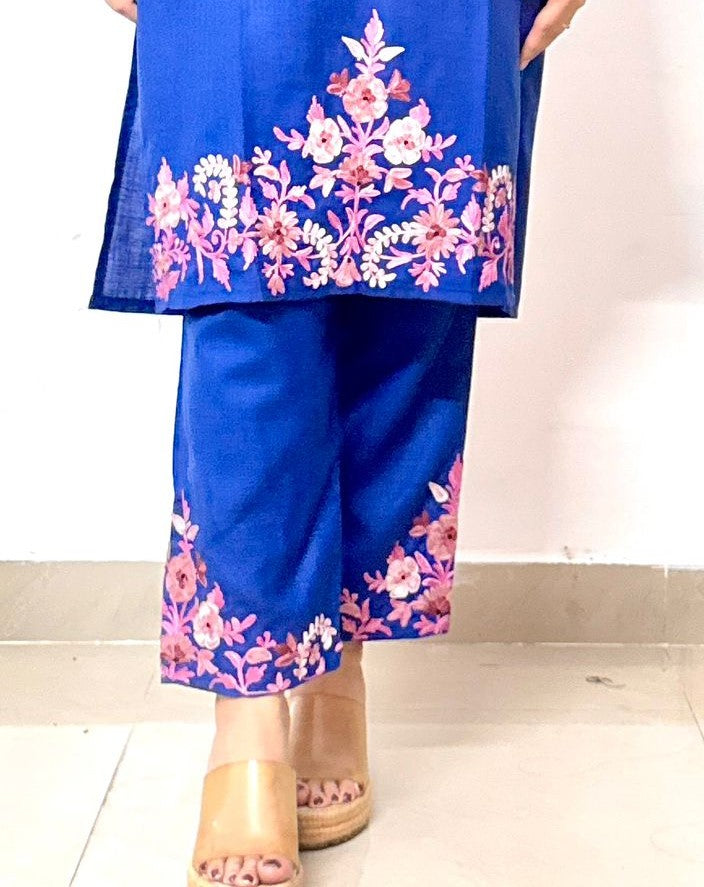 Blue Coord Set with Floral Embroidery (Kurti with Pants) | Everyday Ease