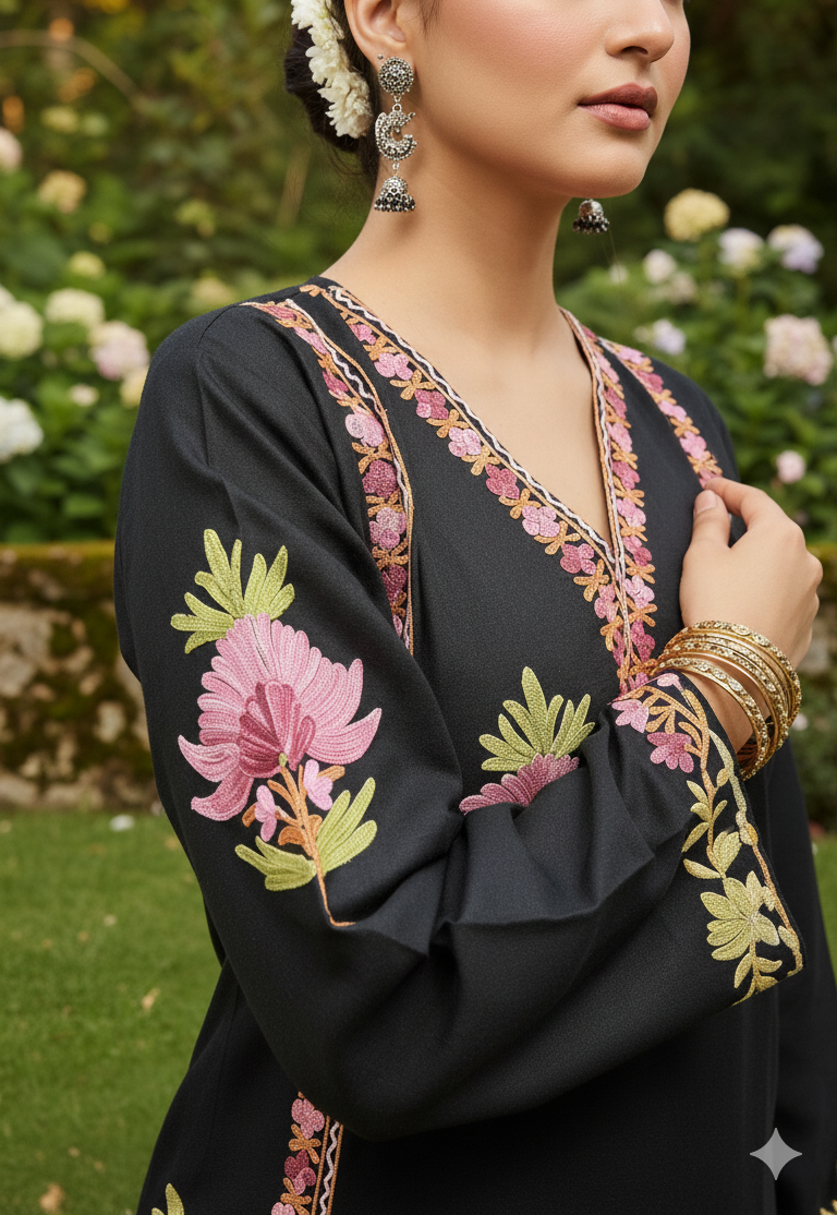 Black Coord Set with Floral Embroidery (Kurta with Pants) | Everyday Ease