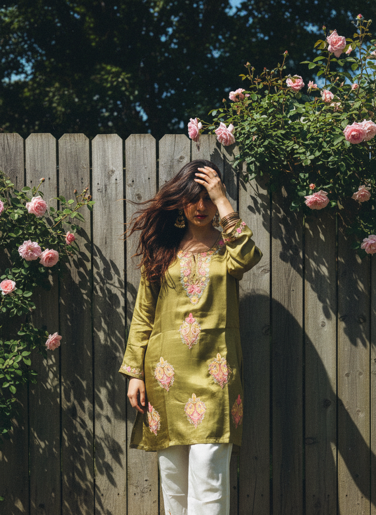 Premium Coord Set, Light Green Kurti with Cream Pants (Super Marisa Fabric)