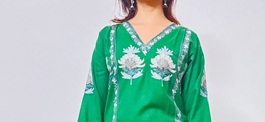 Green Coord Set with Floral Embroidery (Kurti with Pants) | Everyday Ease