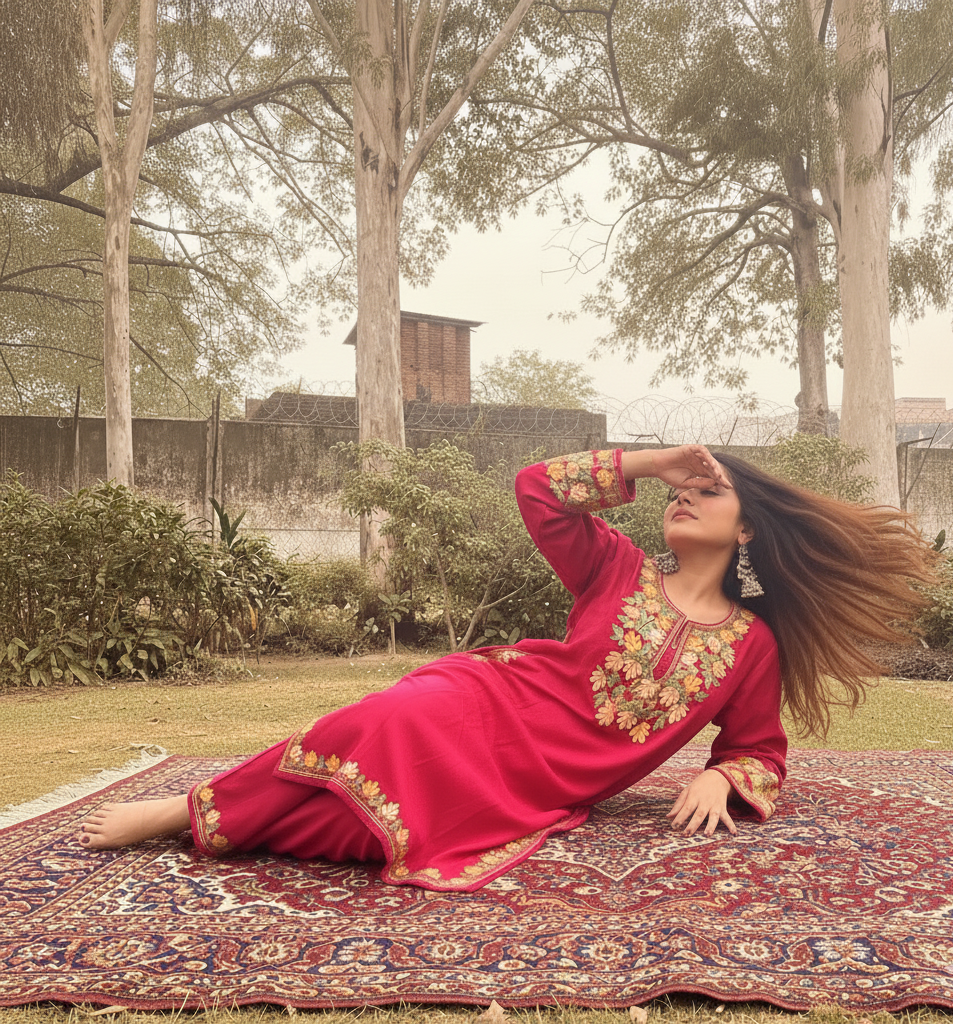 Kashmiri Phiran with Pants- Magenta Rose | Woolen Muse