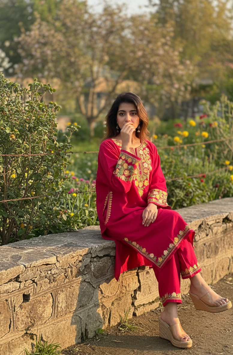 Kashmiri Phiran with Pants- Magenta Rose | Woolen Muse