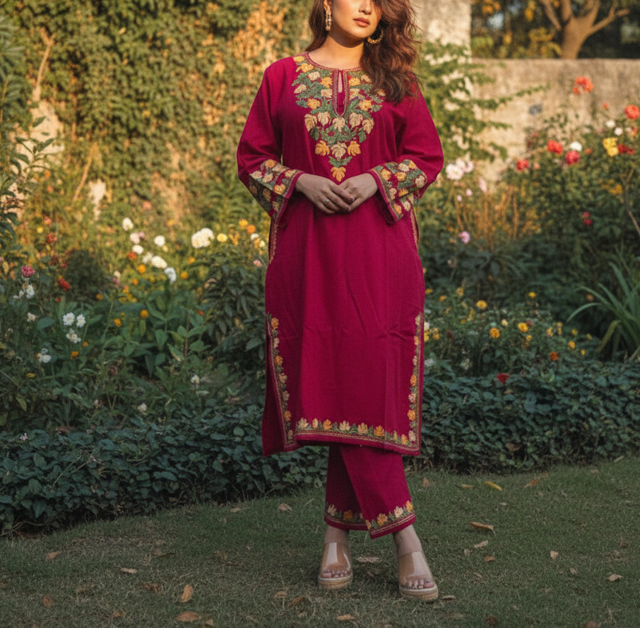 Kashmiri Phiran with Pants- Magenta Rose | Woolen Muse
