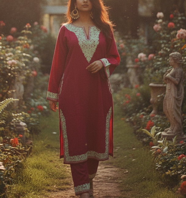 Kashmiri Phiran with Pants-Fuchsia Pink | Woolen Muse
