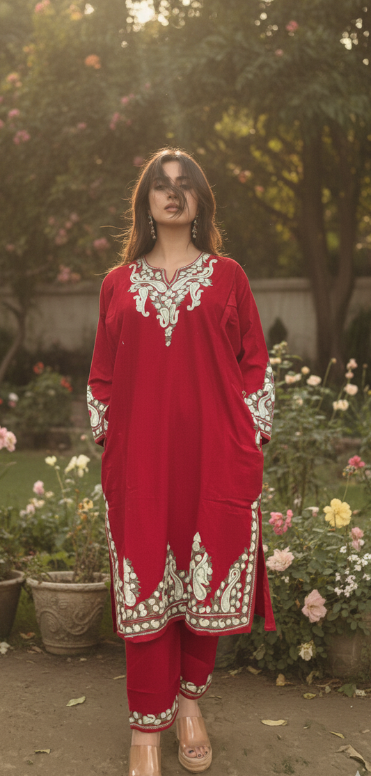 Kashmiri Phiran with Pants-Deep Red | Woolen Muse