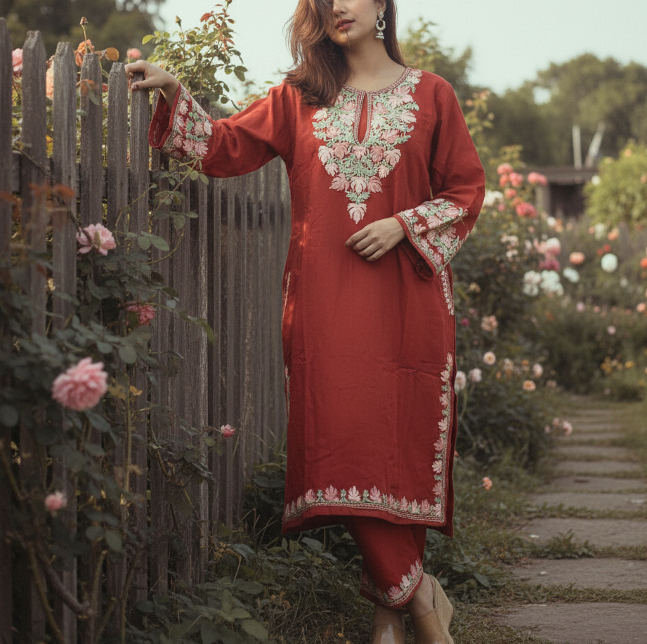 Kashmiri Phiran with Pants- Rust color | Woolen | Winter Collection